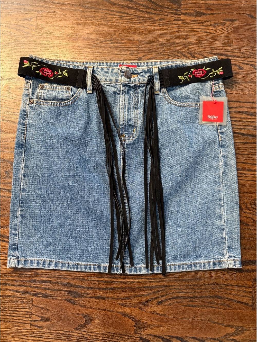 Mossimo Vintage NWT Y2K Denim Skirt Size 9 Embroidered Floral Fringe Western